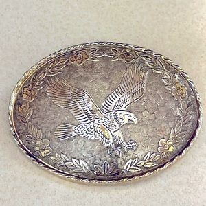 Vintage silver tone metal flying eagle belt buckle marked USA (638)